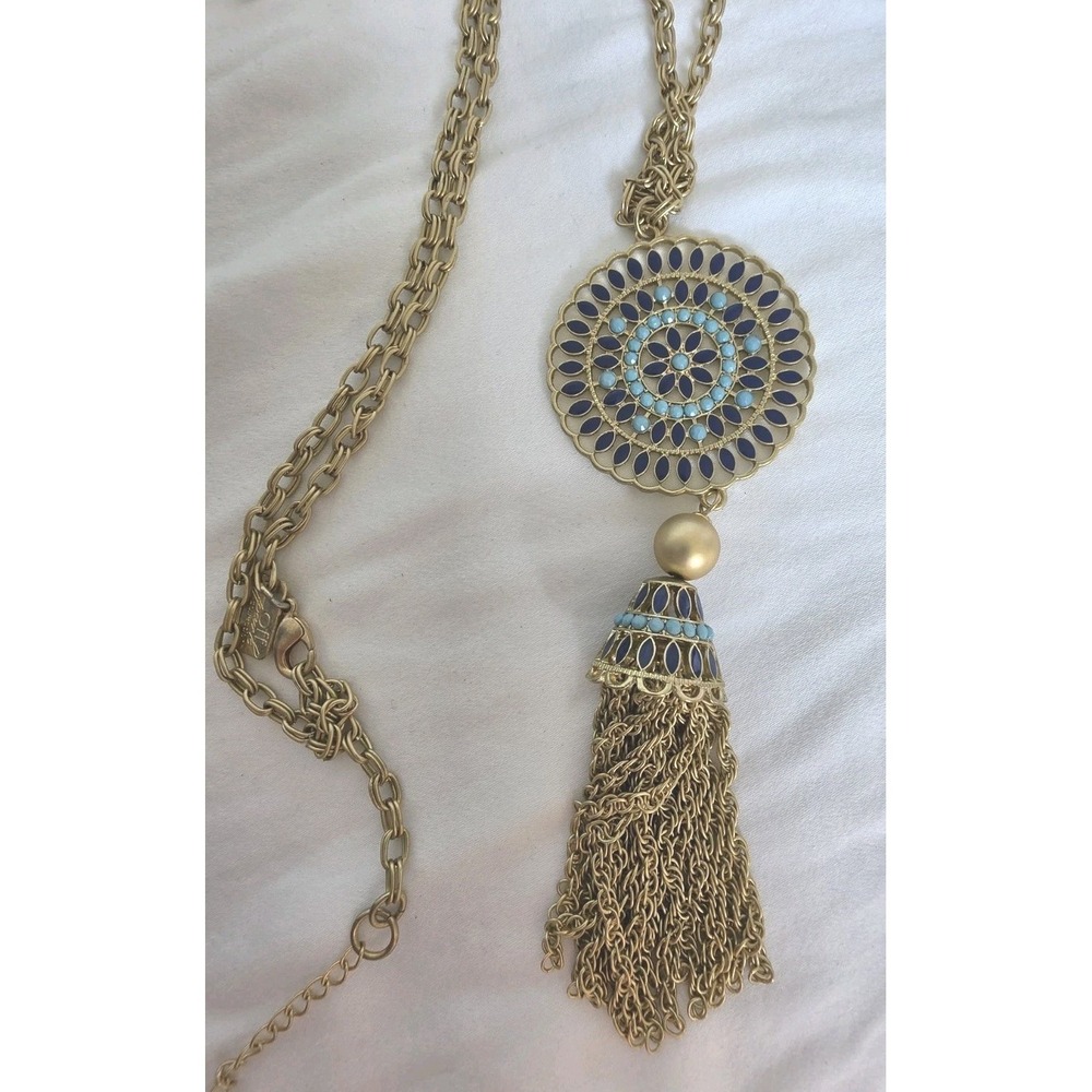Off‎ Park Collection JTV Medallion Teal/Blue Cabochons Tassell Necklace Goldtone
